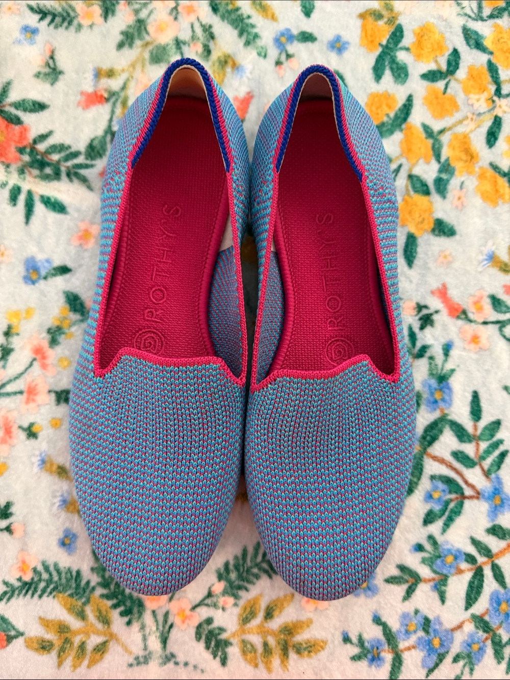 Rothy's Blue Knit Slip-Ons with Pink Interior Trim